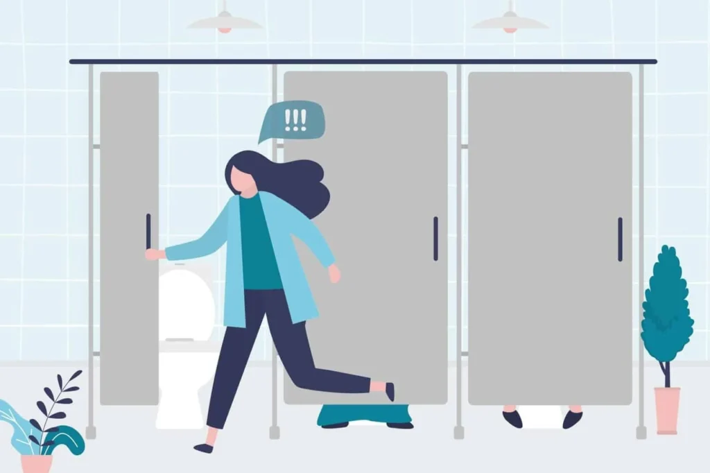 graphic of Urine incontinence Uxbridge woman running to the toilet.