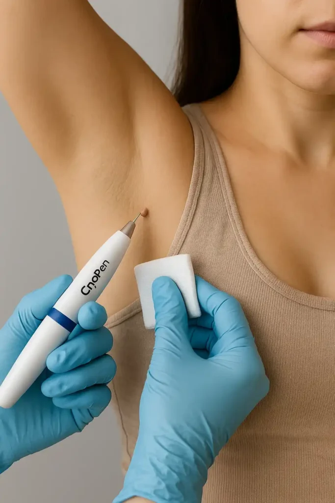 woman having cryopen to remove underarm skin tags Uxbridge