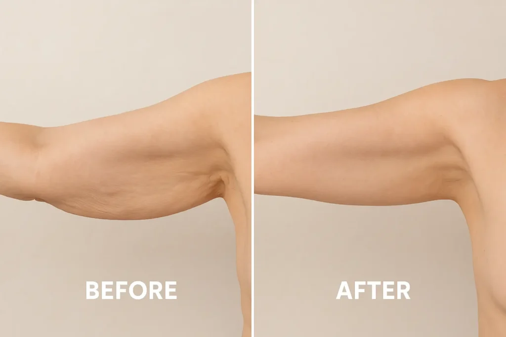 Picture of LA LIPO Uxbridge before and after results of skin tightening treatment on the upper arms.