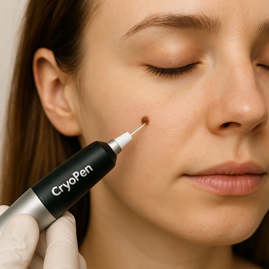 woman receiving facial mole removal Uxbridge using cryopen