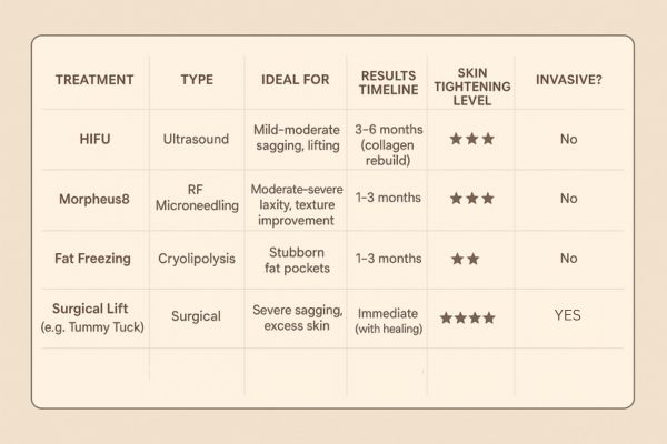 Table showing the comparisons of Skin tightening Uxbridge treatment options.